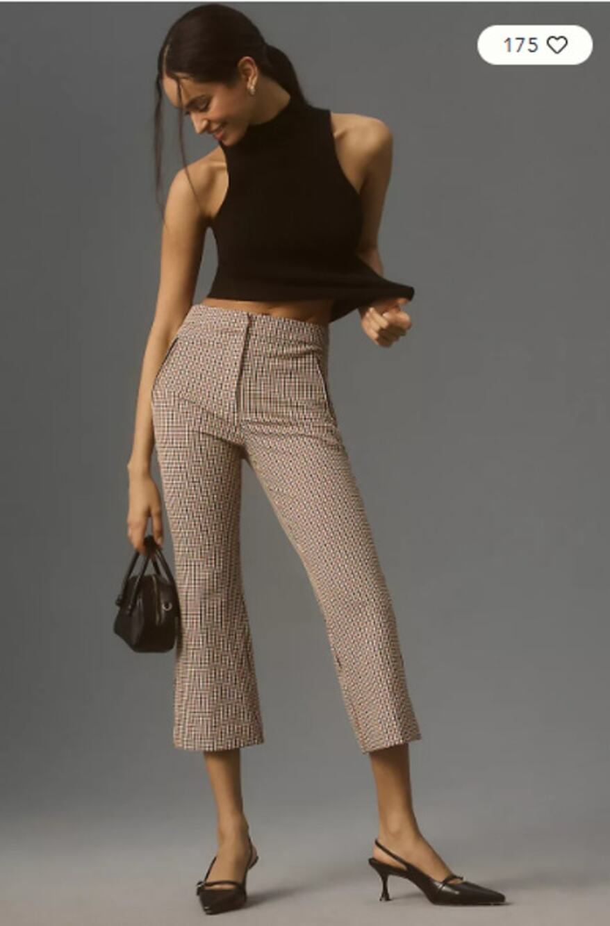 Anthropologie Maeve Relaxed Kick-Flare Cropped Pants Tan Black White Plaid 6 NEW